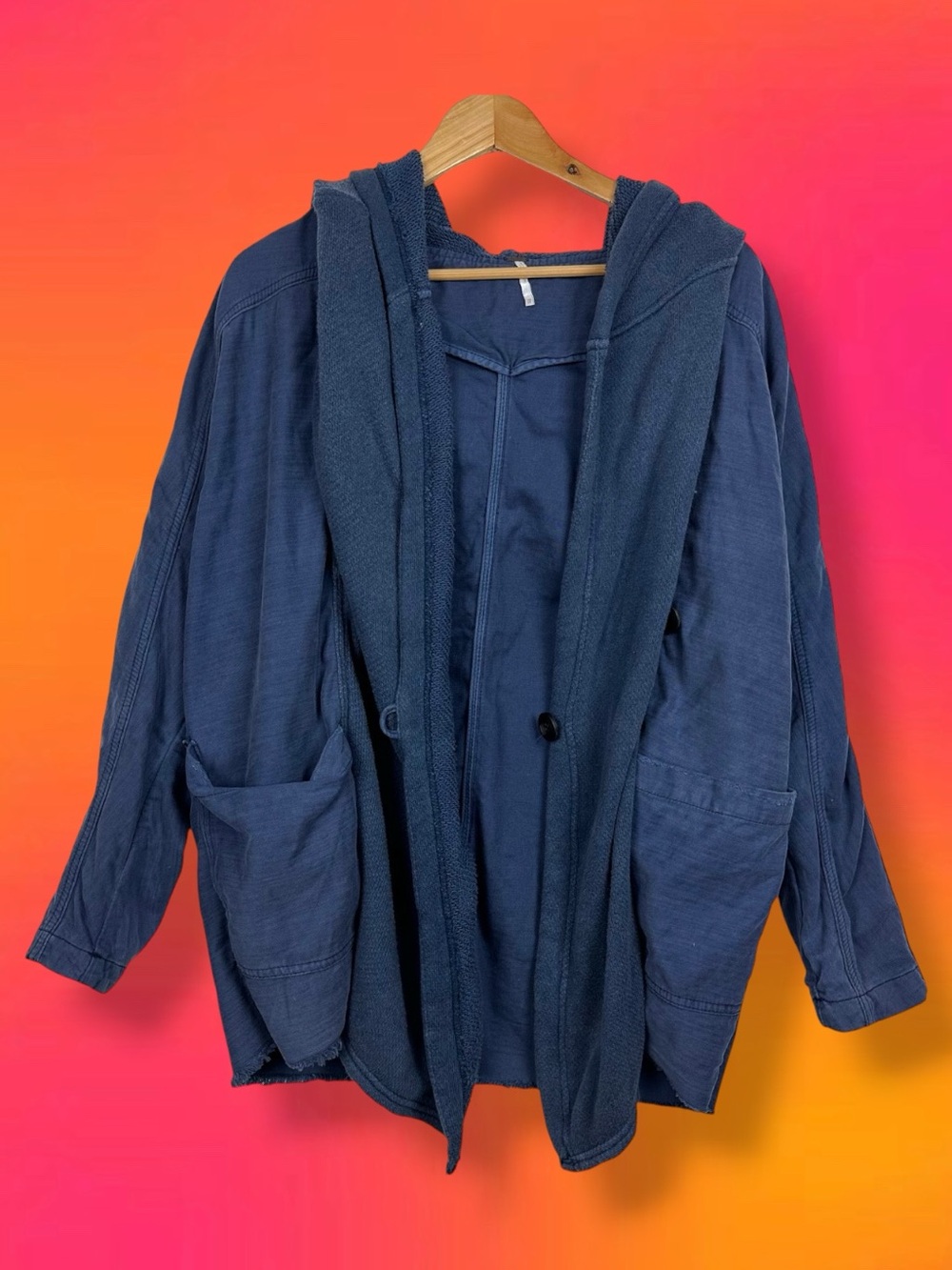 Free People Oversized Hooded Twill Knit Slouchy Lagenlook Boho Cardigan Jacket